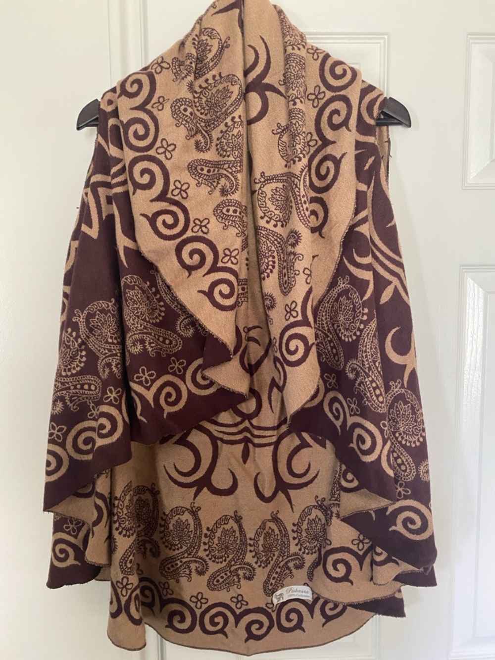 Pashmina Cashmere reversible Paisley Open-Front Women’s Sweater Wrap-Brown/Cream